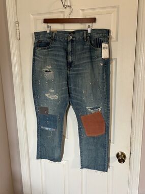 Polo by Ralph Lauren Blue Distressed Boyfriend Jeans with Patchwork